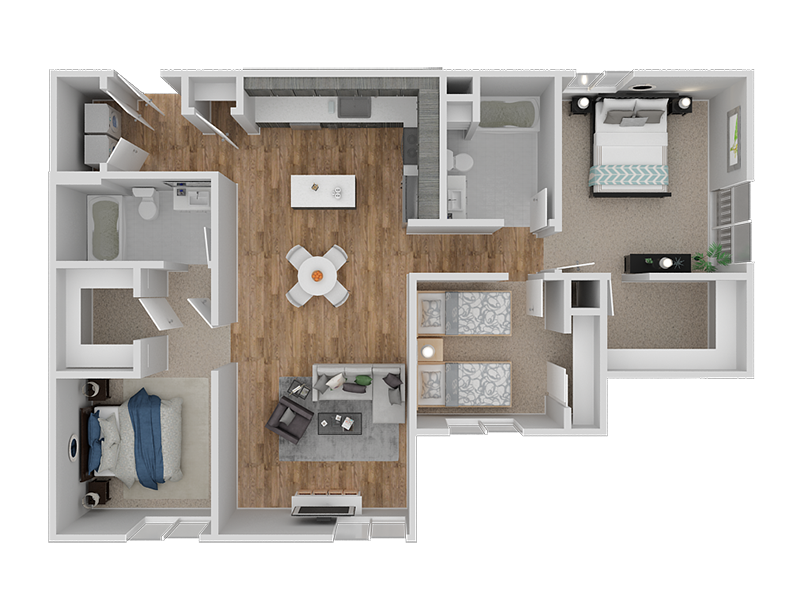 Floor plan for 3 beds, 2 baths, 1255 sqft